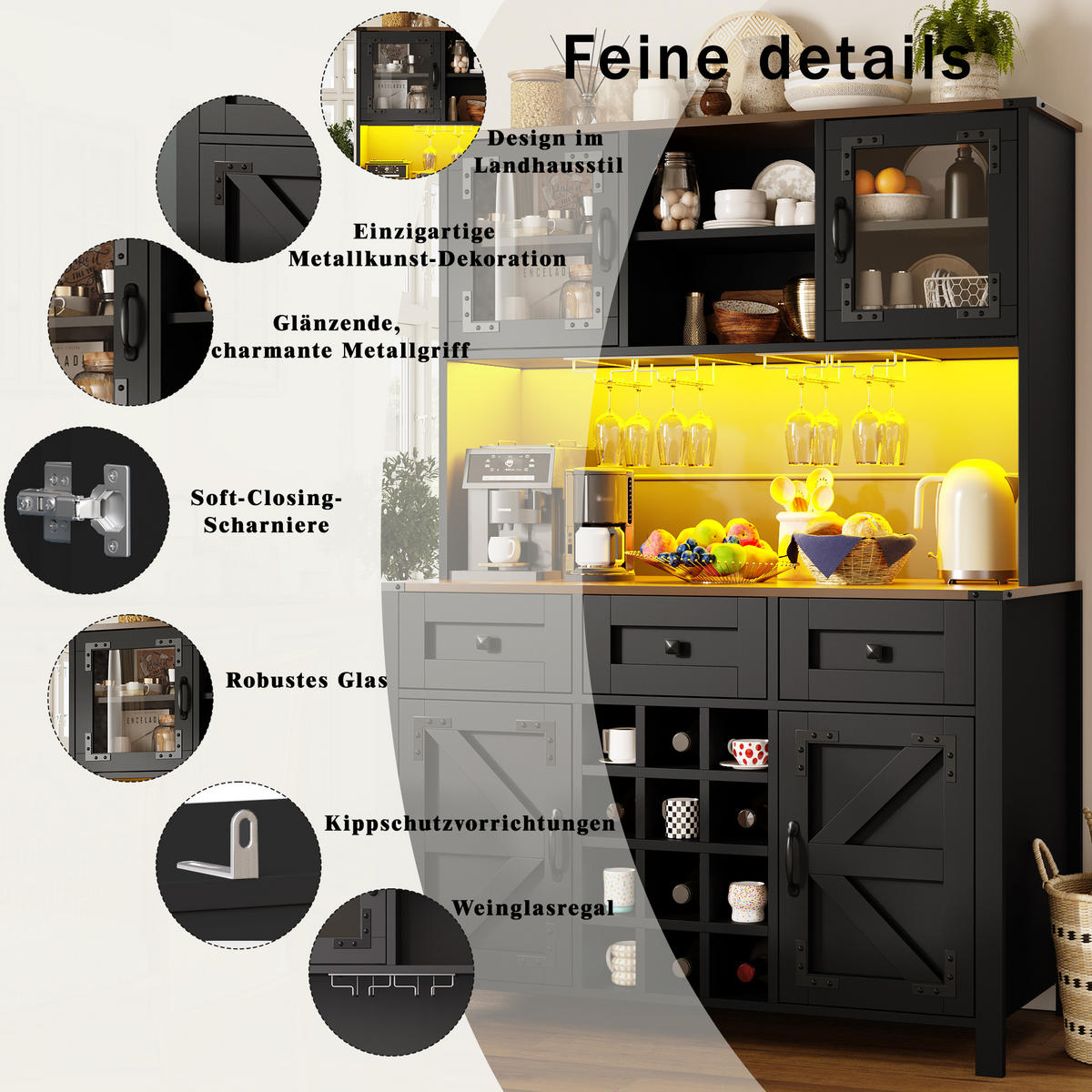 BUFFETSCHRANK Country Schwarz 120/40/170 cm - Schwarz, Holz (120/170/40cm) - PANGIVO