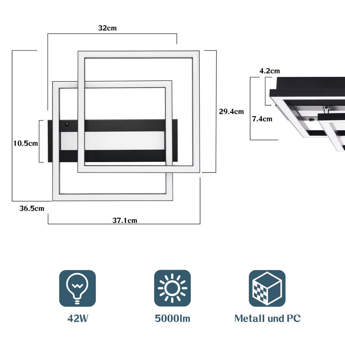LED-DECKENLEUCHTE Macswain 37/36/7.5cm - Schwarz, Metall (36/37/7.5cm) - Nettlife