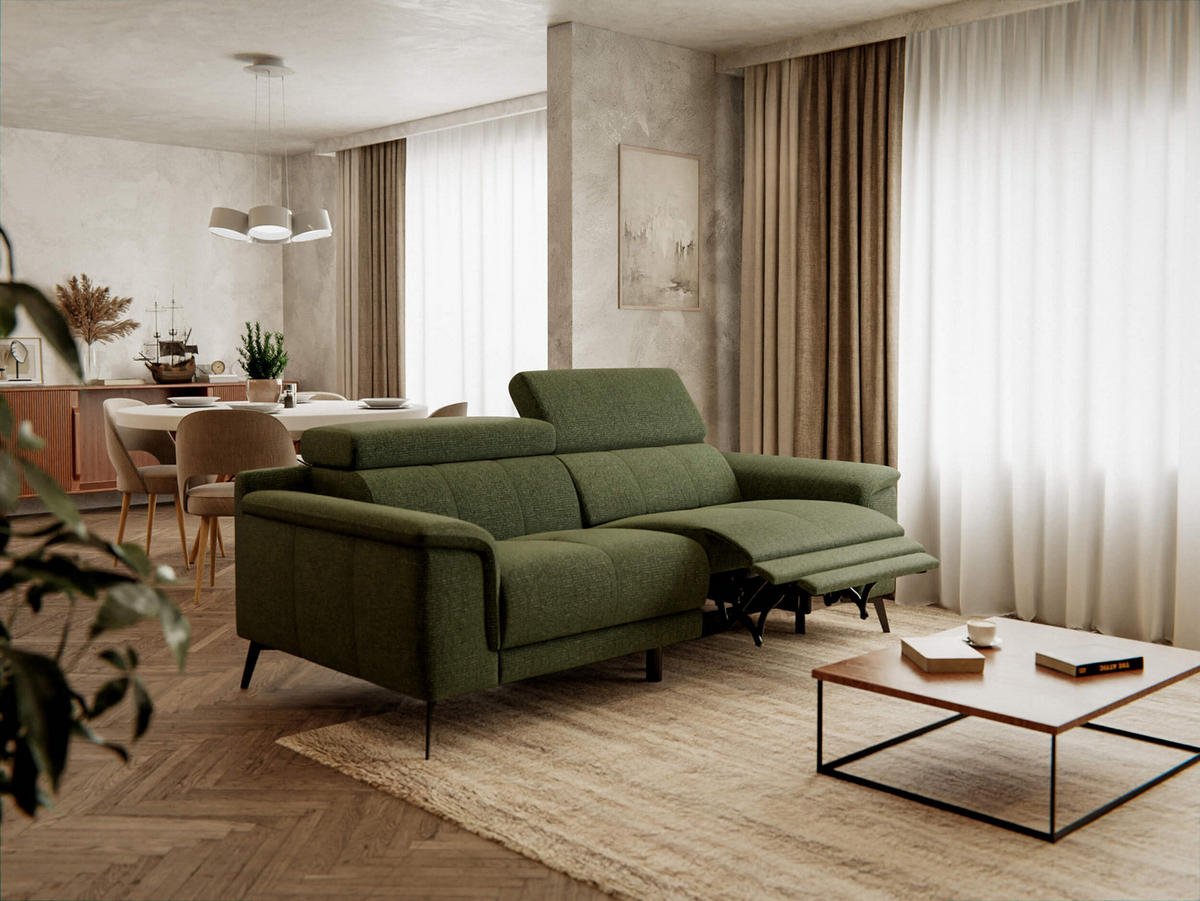 RELAXSOFA FIERO 3-Sitzer mit 1 Relaxfunktion, olivgrün - Schwarz/Olivgrün, Holzwerkstoff/Textil (212/82/103cm) - Courtois Laville