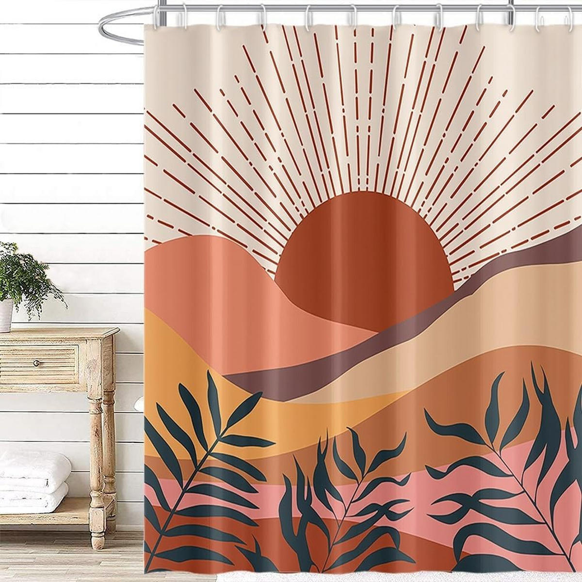 DUSCHVORHANG schimmelresistent Terrakotta Blätter Blau abstrakt Landschaft Orange Badewanne Stoff waschbar wasserdicht - Multicolor, Textil (180/1cm) - MCBOSON