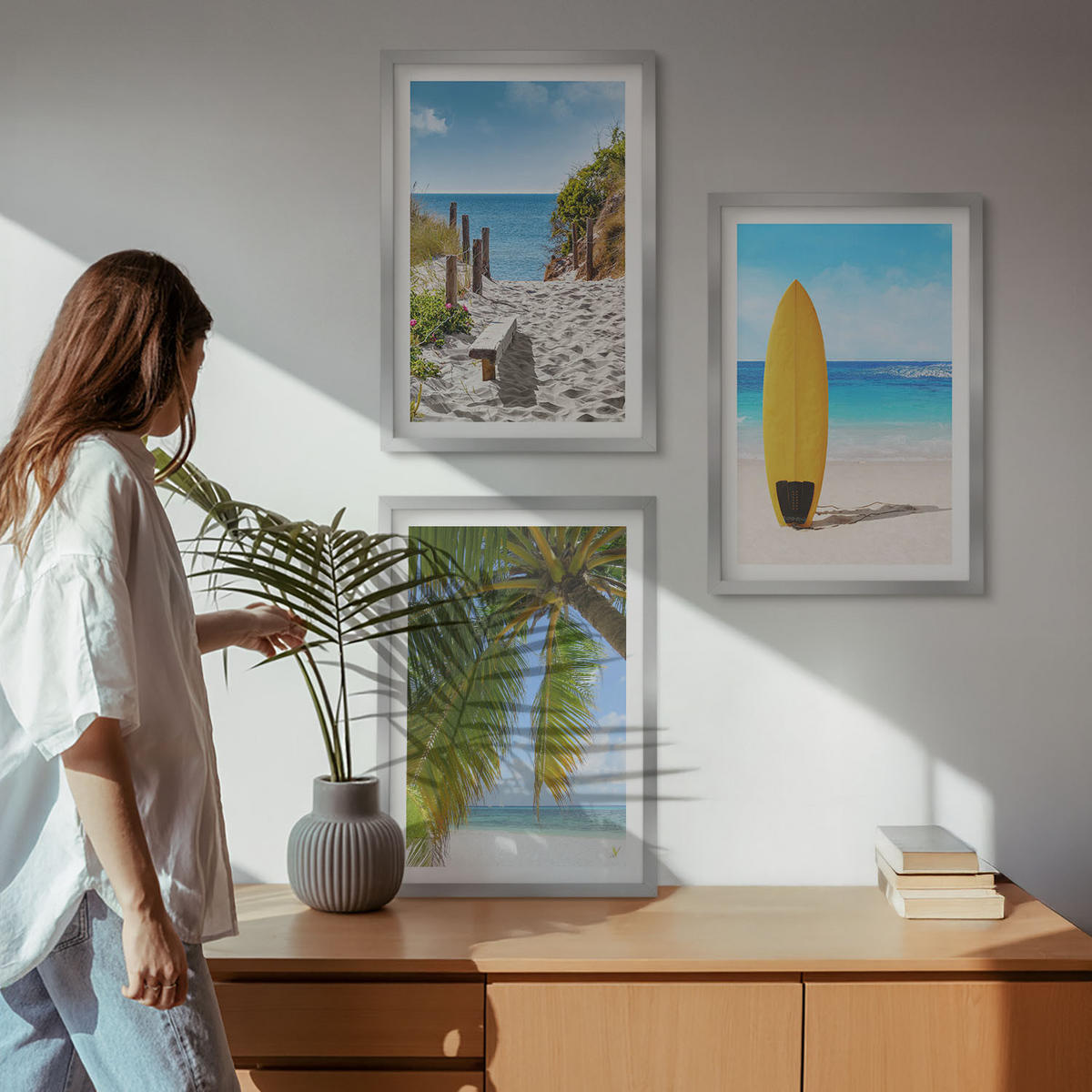 WANDBILDER 3er Set - 40x60 cm Silberner Rahmen - Urlaubsstrände, Wellen, Palmen - Silberfarben, Kunststoff (40/60cm) - ArtPrintCave