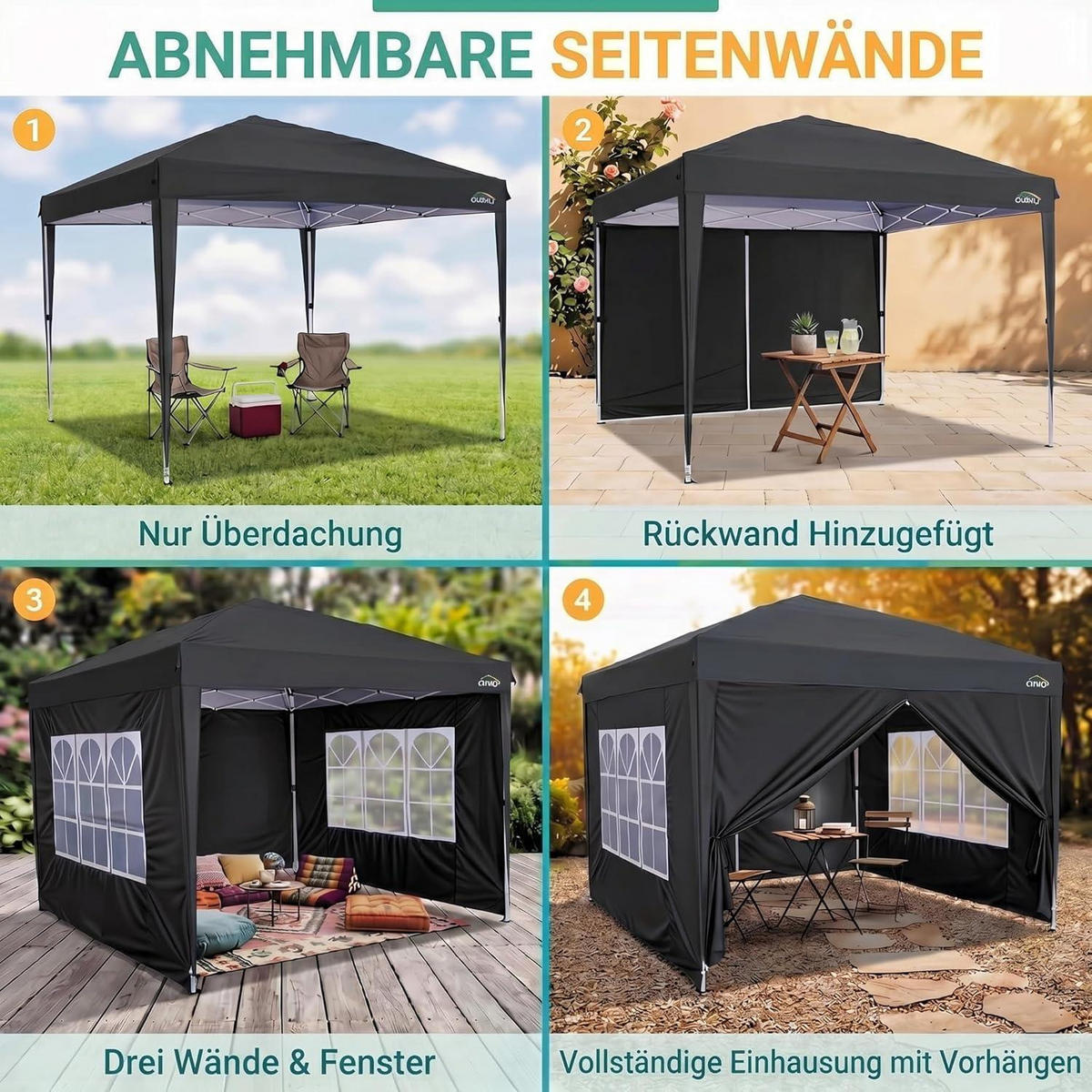 FALTPAVILLON 3x3m Wasserdicht mit Seitenwänden Schwarz - Schwarz, Textil (300/260/300cm)