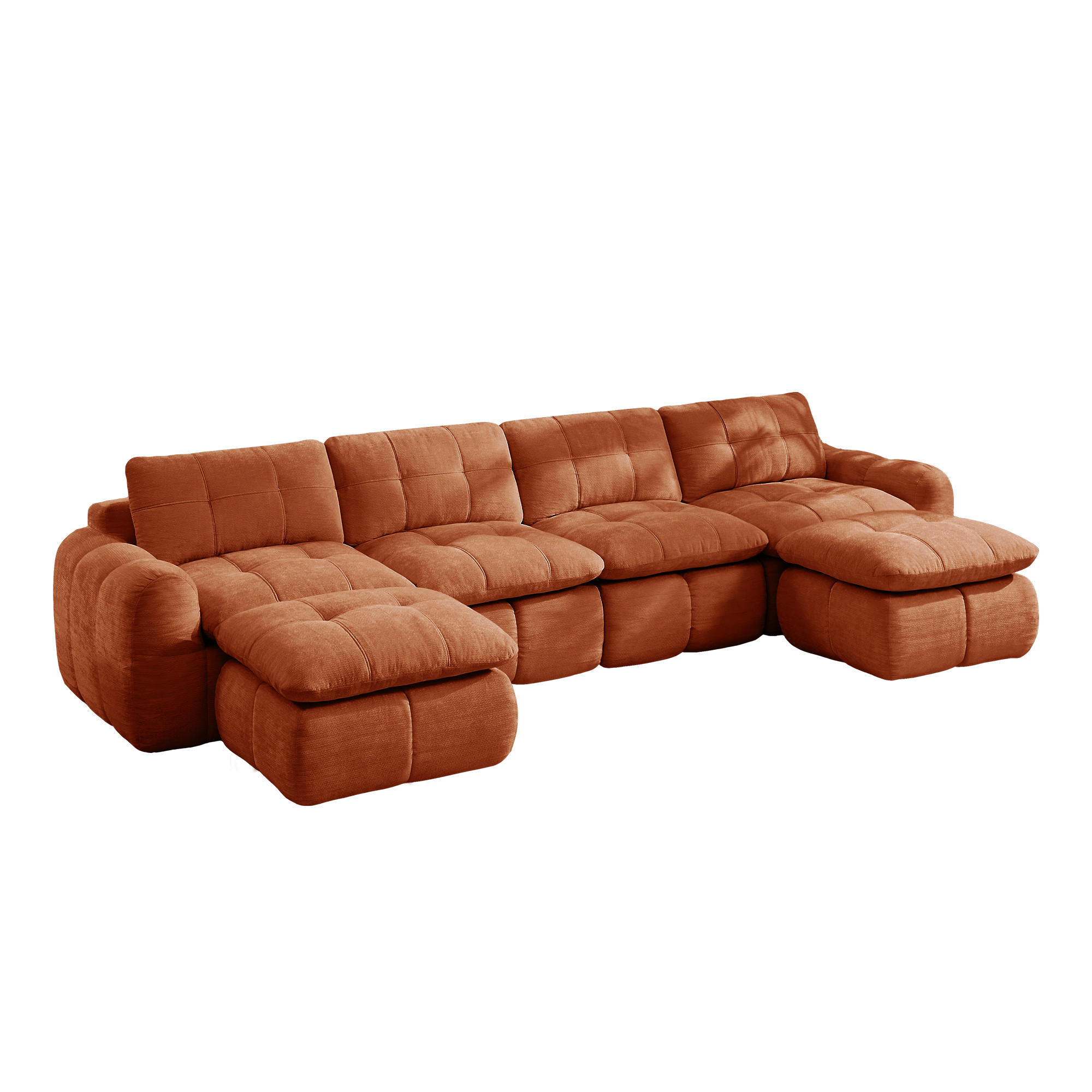 CANAPEA 4 LOCURI cu 2 taburete, minimalist, Chenille-portocaliu