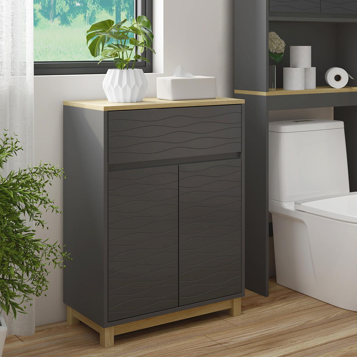 MIDISCHRANK Livia Anthrazit 60 x 80 cm mit Schublade - Anthrazit/Naturfarben, Holzwerkstoff (60/80/30cm) - Vicco