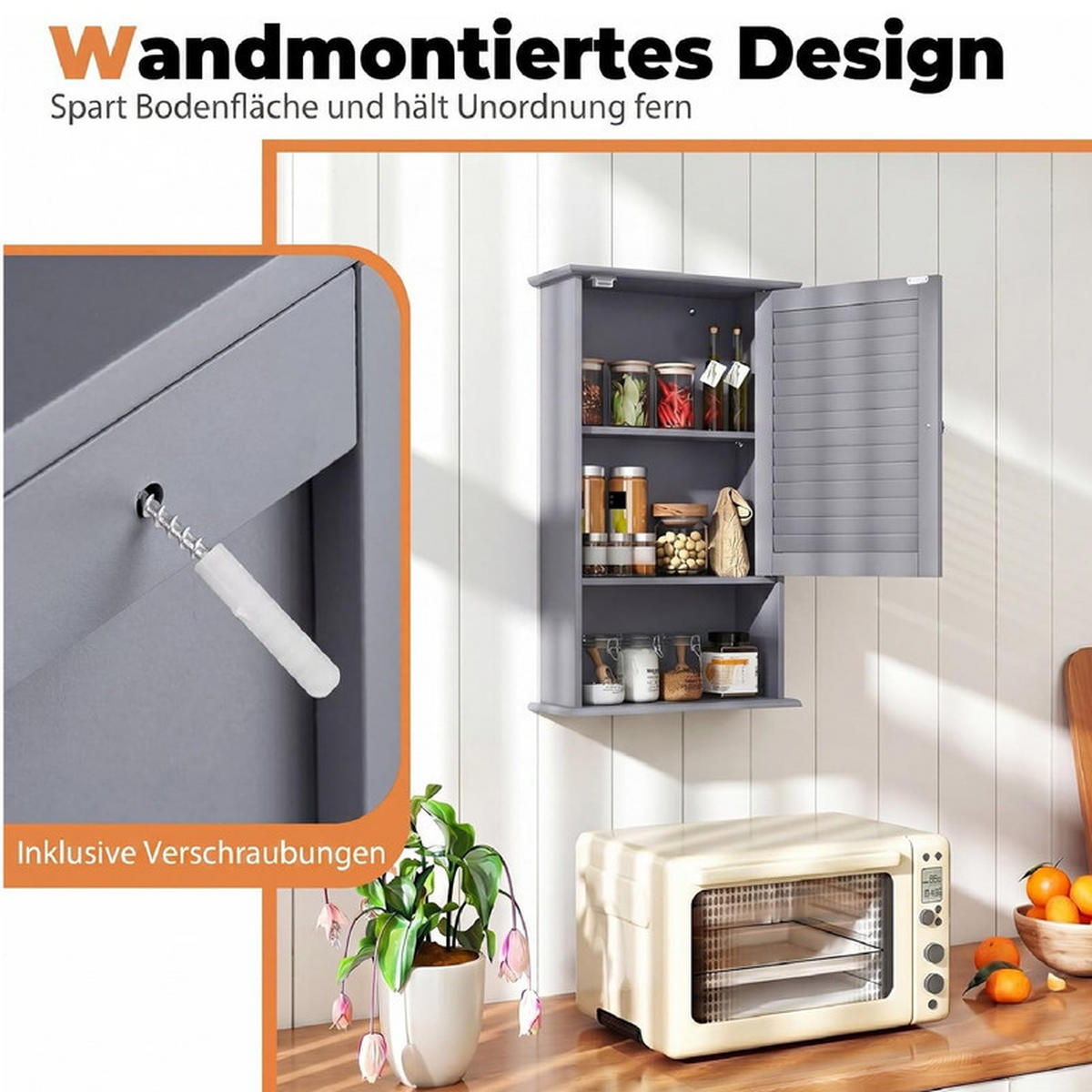 BAD-HÄNGESCHRANK mit verstellbarem Einlegeboden grau - Grau, Holzwerkstoff (42/70/17cm) - COSTWAY
