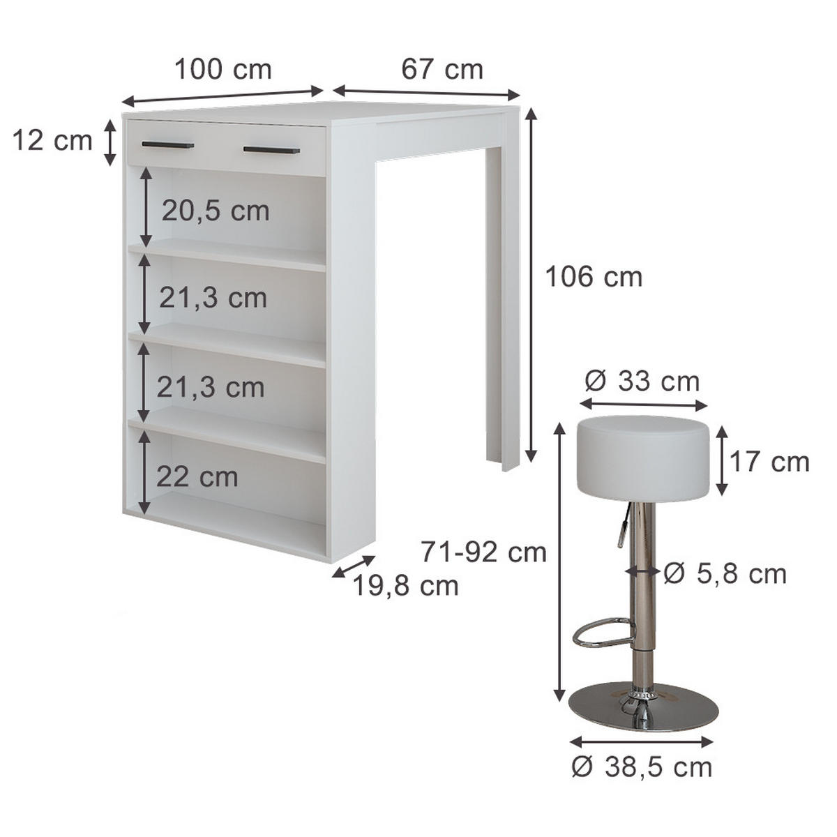 BAROVÝ STŮL Repose Bílá - bílá, kompozitní dřevo (100/67/106cm) - Vicco
