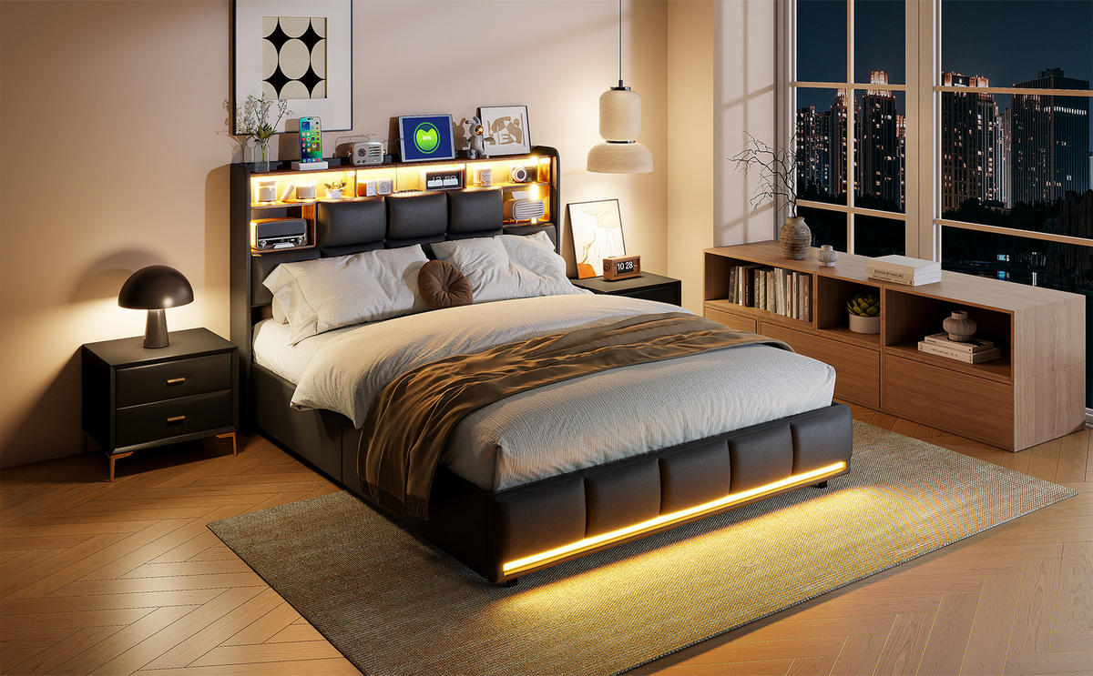 POLSTERBETT 140x200 Schwarz LED - Schwarz, Holzwerkstoff (140/200cm) - SHOPENTRA