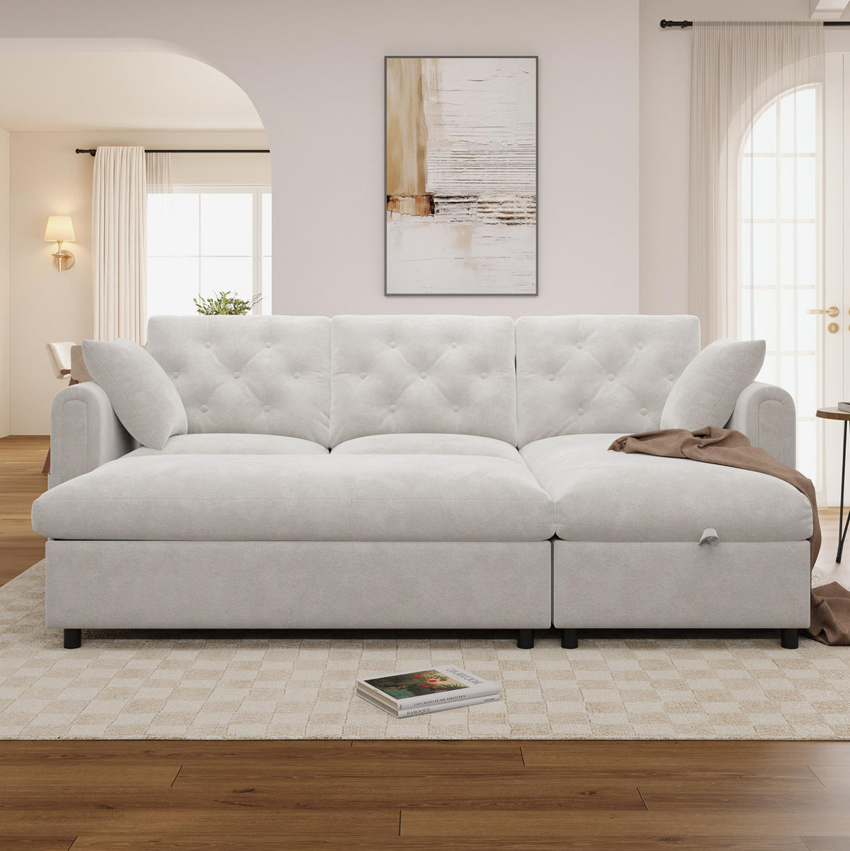 ECKSOFA 219/131/86 cm aus Samt mit Stauraum und variabler Chaiselongue Beige - Beige, Textil (131/219cm) - Modenvie