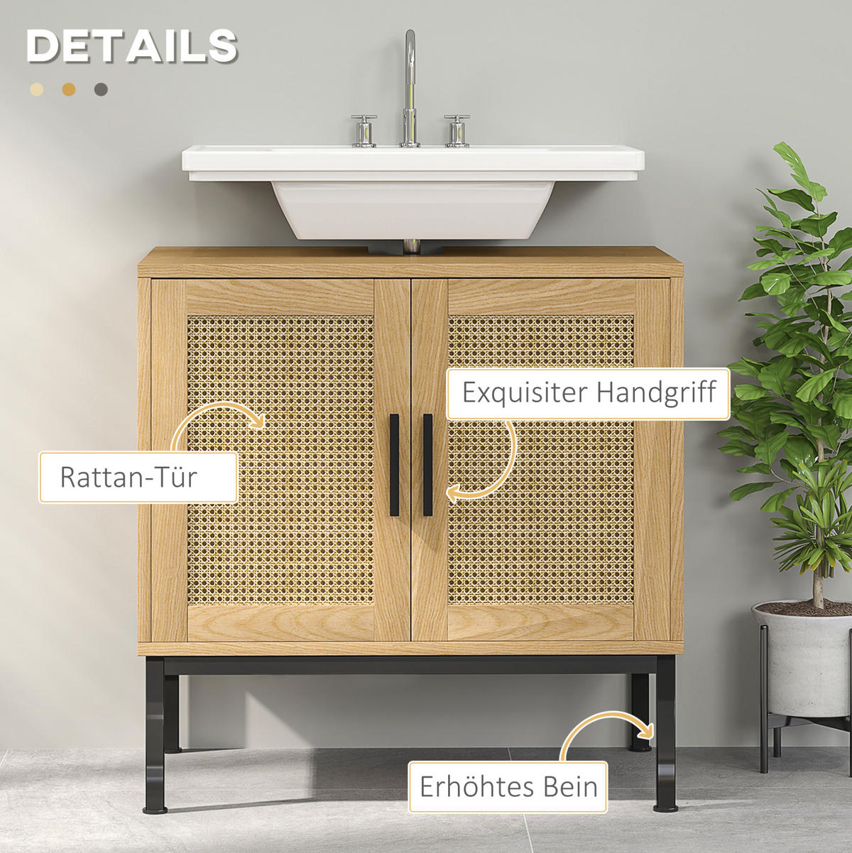 WASCHBECKENUNTERSCHRANK mit Rattanoptik 60 x 39 x 60 cm Oak - Eichefarben, Holzwerkstoff (39/60/60cm) - Beauniv