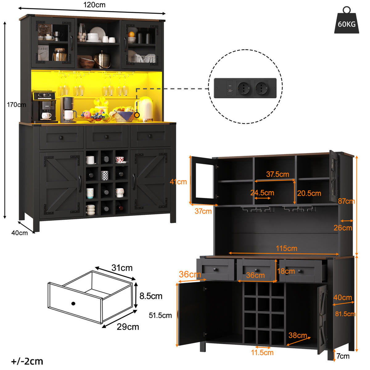 KÜCHENSCHRANK mit LED und Steckdosenleiste 120x40x170 cm Schwarz - Schwarz, Glas (40/170/120cm) - Meubliv
