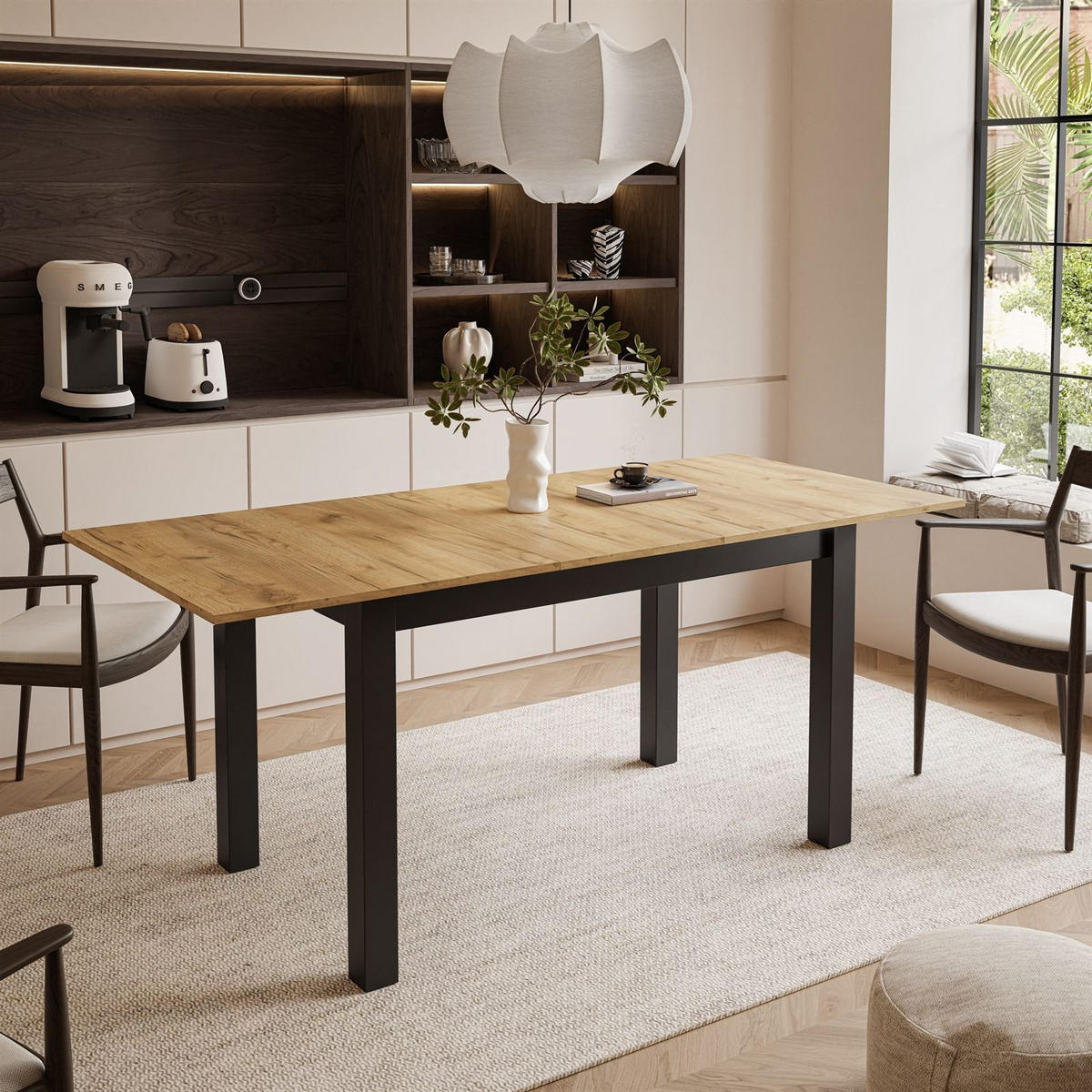 ESSTISCH ARTON 140-195 cm für 6-8 Personen - Eichefarben/Schwarz, Holzwerkstoff/Metall (140/80/77cm) - Lookway