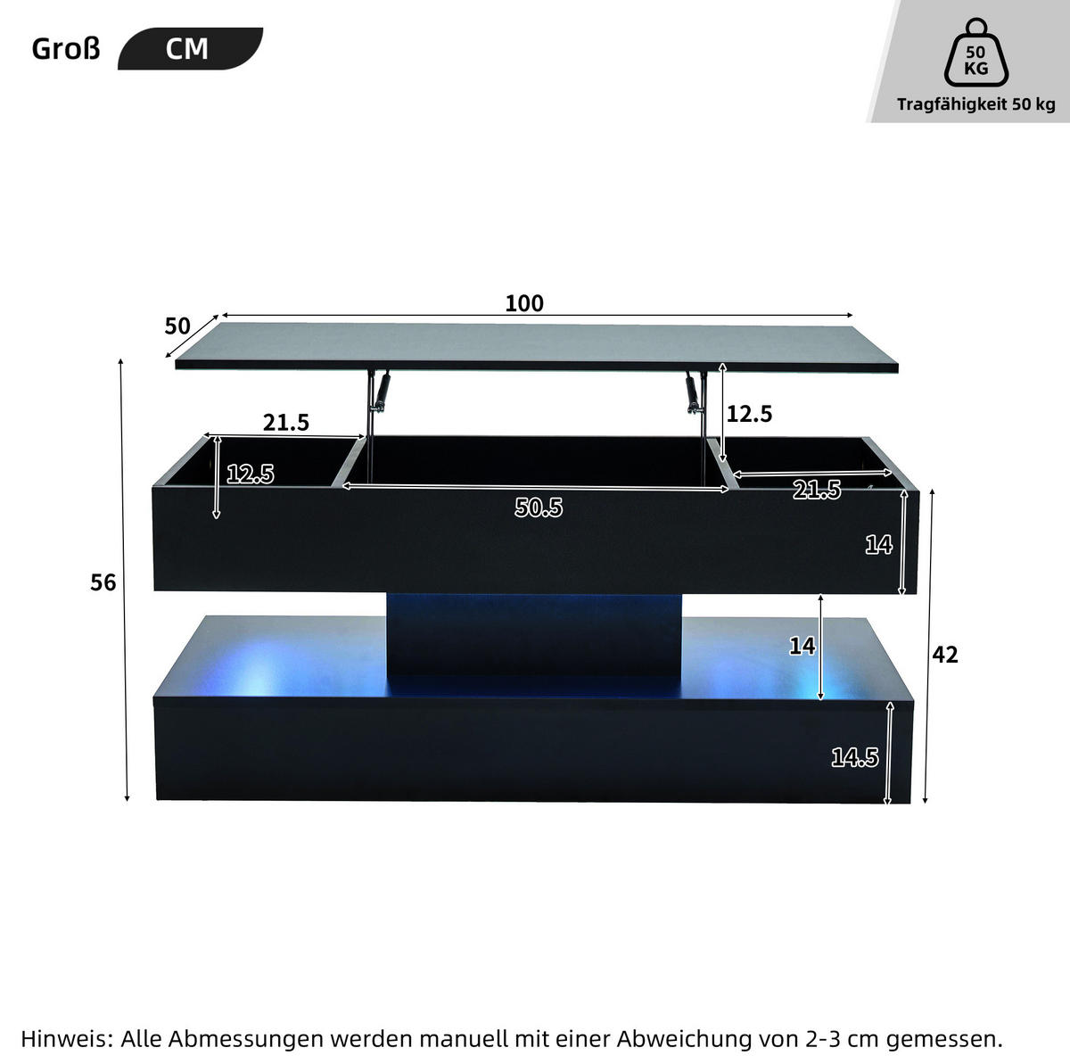 KLUB stolić 100/50/42 cm crni od iverala s LED rasvjetom podiznom pločom i utičnicama - crna, drvni materijal (100/50/42cm) - OKWISH