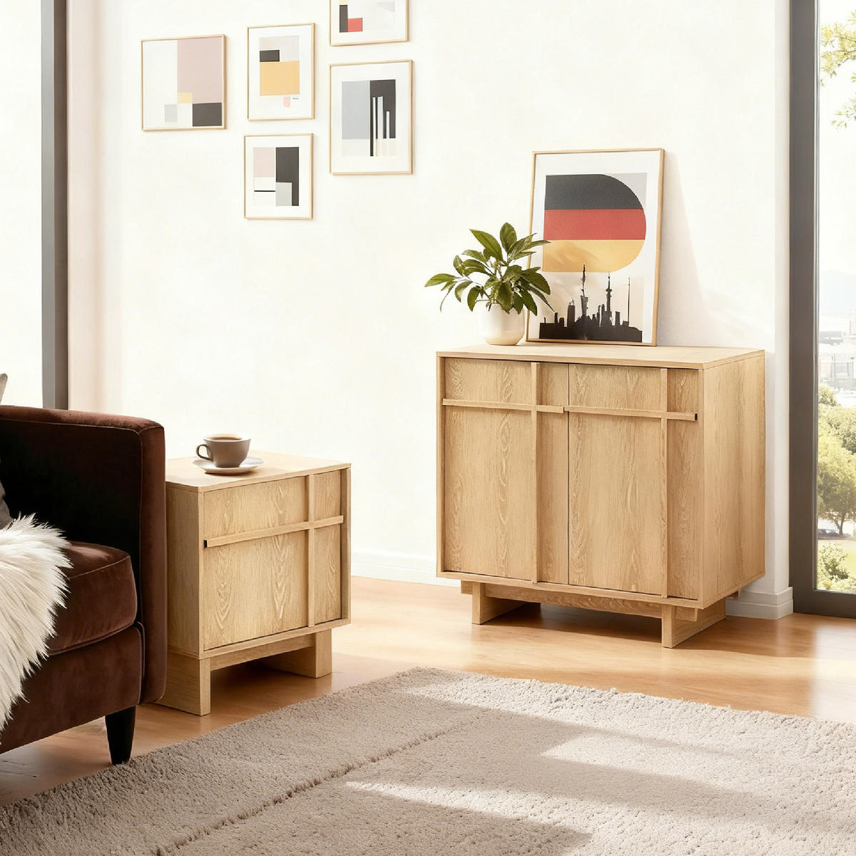 SIDEBOARD mit 2 Türen, Aufbewahrungsschrank in Eichenoptik mit geometrischer Holzleisten-Front| B80 x T40 x H77 cm - Braun, Holzwerkstoff (80/77/40cm) - Hometopia