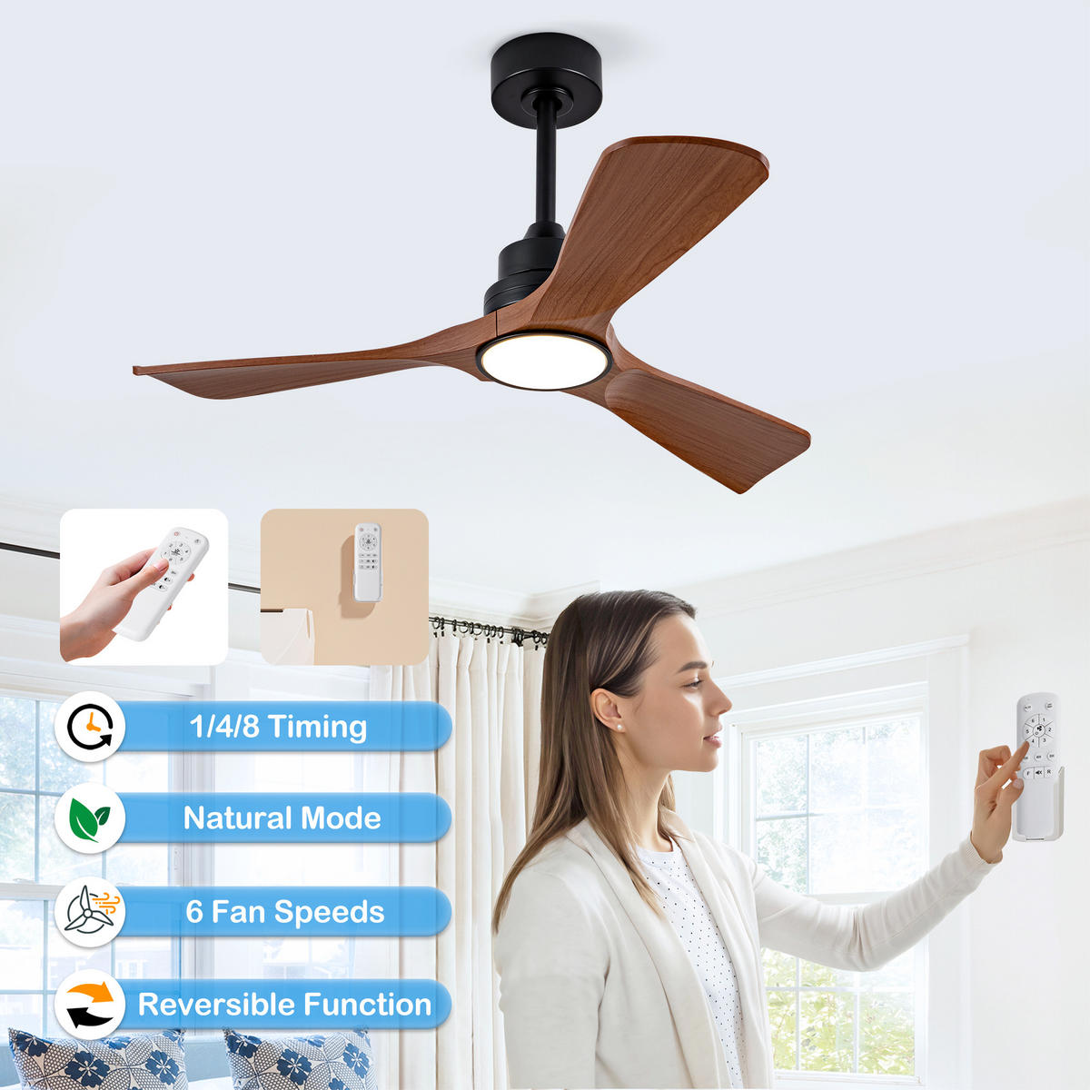 DECKENVENTILATOR DE-16234 42 Zoll dimmbar mit Fernbedienung Walnuss - Walnussfarben, Kunststoff (107/107/37cm) - ComfortXL