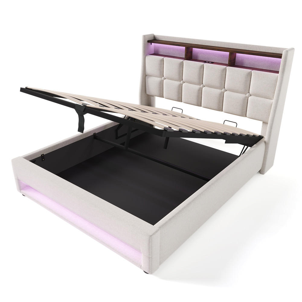 POLSTERBETT 140/200 cm in Linen mit USB - Beige, Holz/Textil (140/200cm) - KOMHTOM