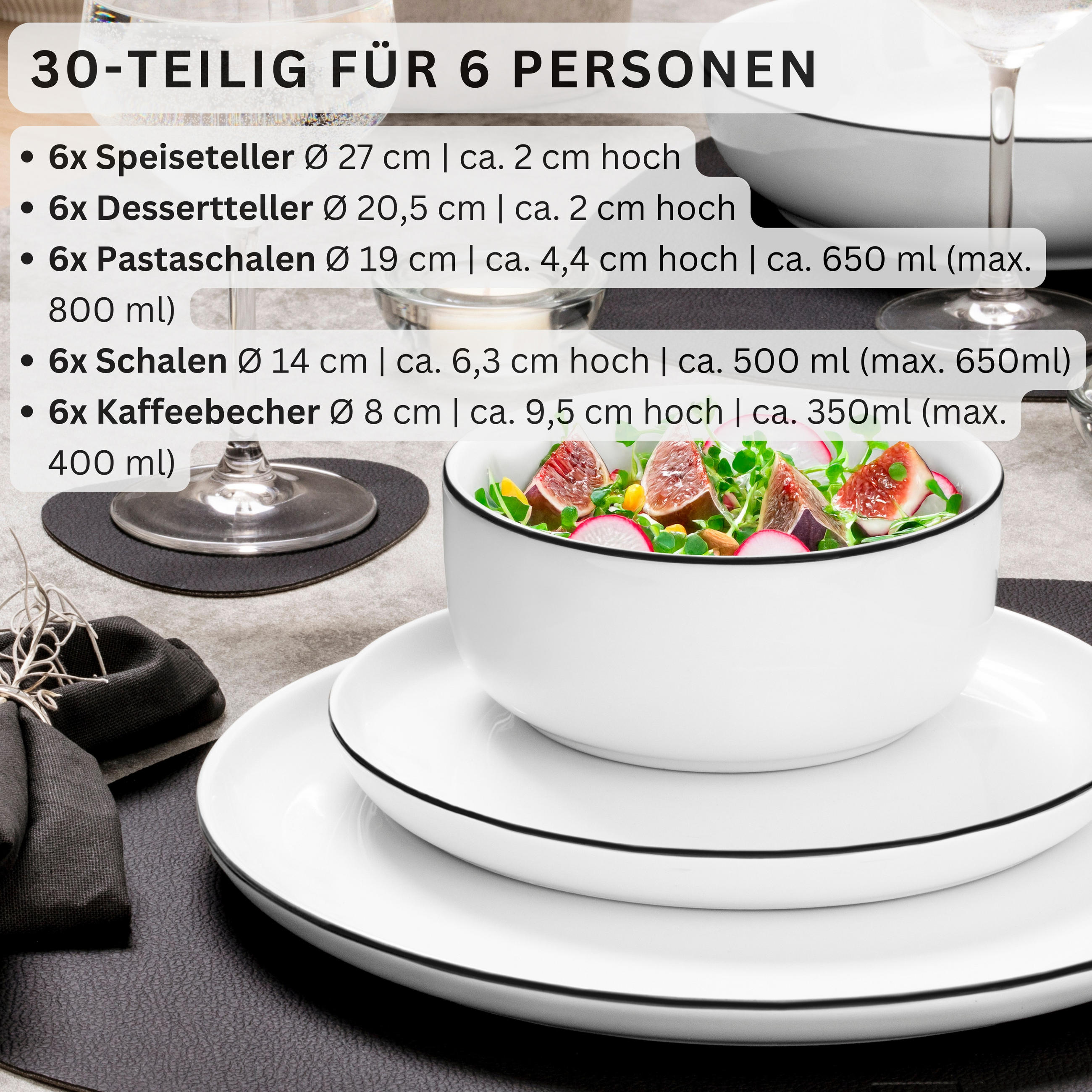 KOMBISERVICE MARLO BLACK RIM - 30 teilig aus Porzellan - Weiß, Keramik (27/8.2/27cm) - Sänger