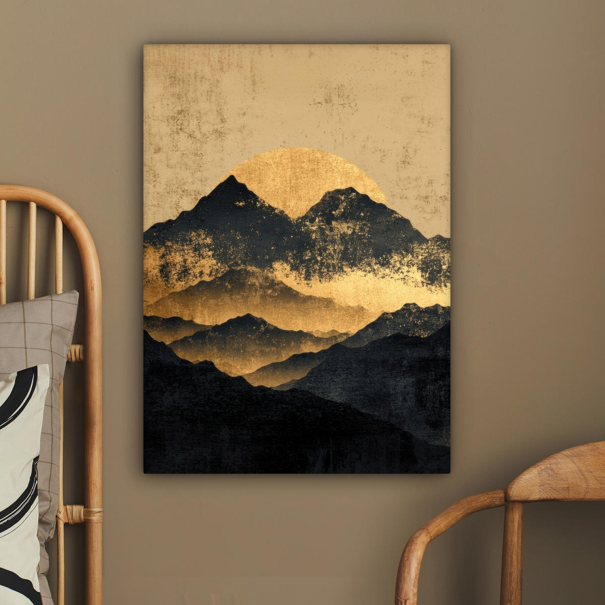LEINWANDBILD Goldene Berge bei Mondschein Wandbild Wohnzimmer 60x80 cm - Goldfarben, Textil (60/80cm) - MuchoWow