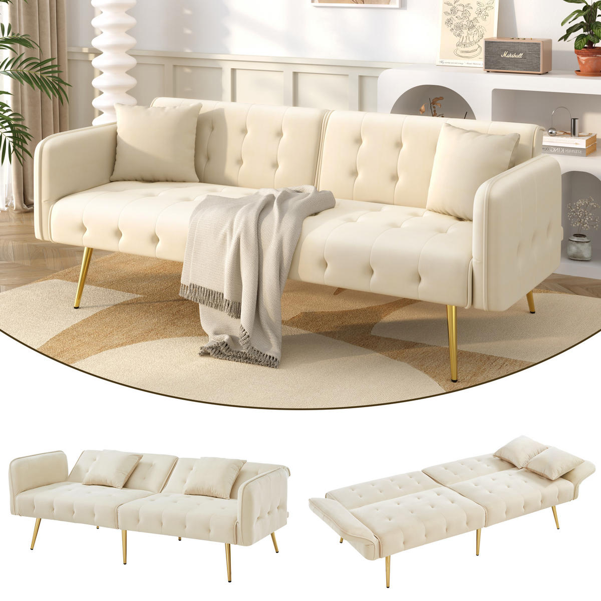 SCHLAFSOFA 178/82/70 cm Beige Samt mit verstellbarer Rückenlehne und mehrstelligen Armlehnen - Beige, Textil (82/70/178cm) - Oxeza