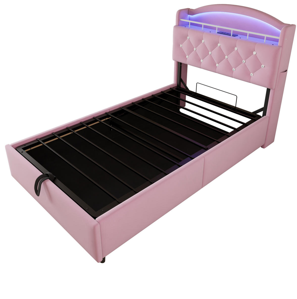 SAMT-POLSTERBETT 90/200 cm mit Bettkasten, LED und USB in Rosa - Pink, Textil (90/200cm) - BEAOK