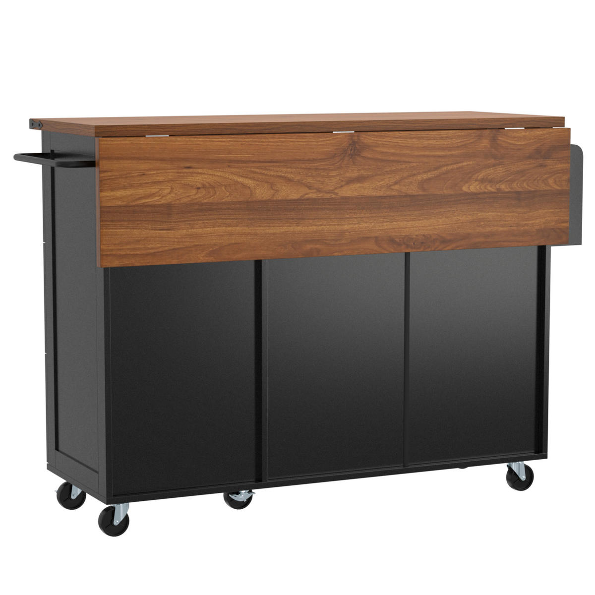 KÜCHENINSEL aus MDF 140x45x92,5 cm Schwarz mit klappbarer Arbeitsplatte, 5 Rollen und 3 Schubladen - Schwarz, Holzwerkstoff (140/92.5/45cm) - Modfu