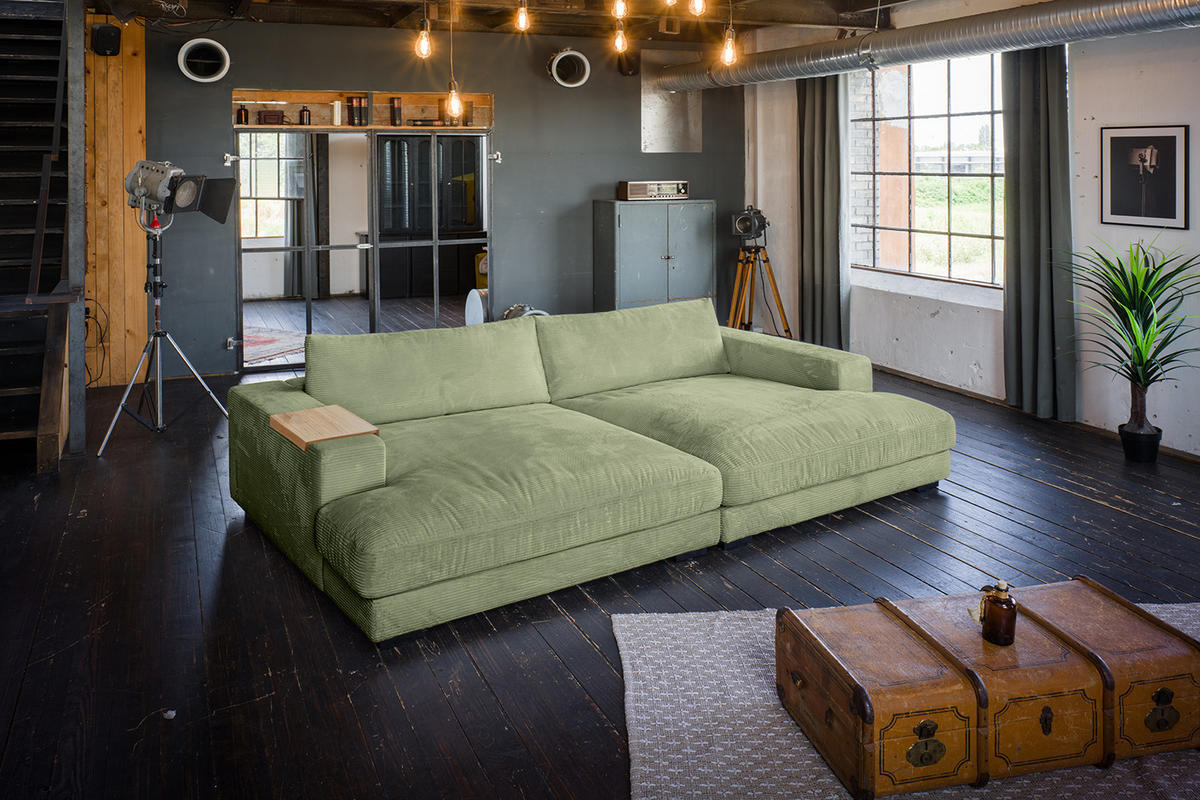 BIG SOFA MIT TABLETT NATUR MADELINE Grün Cord - Schwarz/Olivgrün, Kunststoff/Textil (290/85/170cm) - KAWOLA