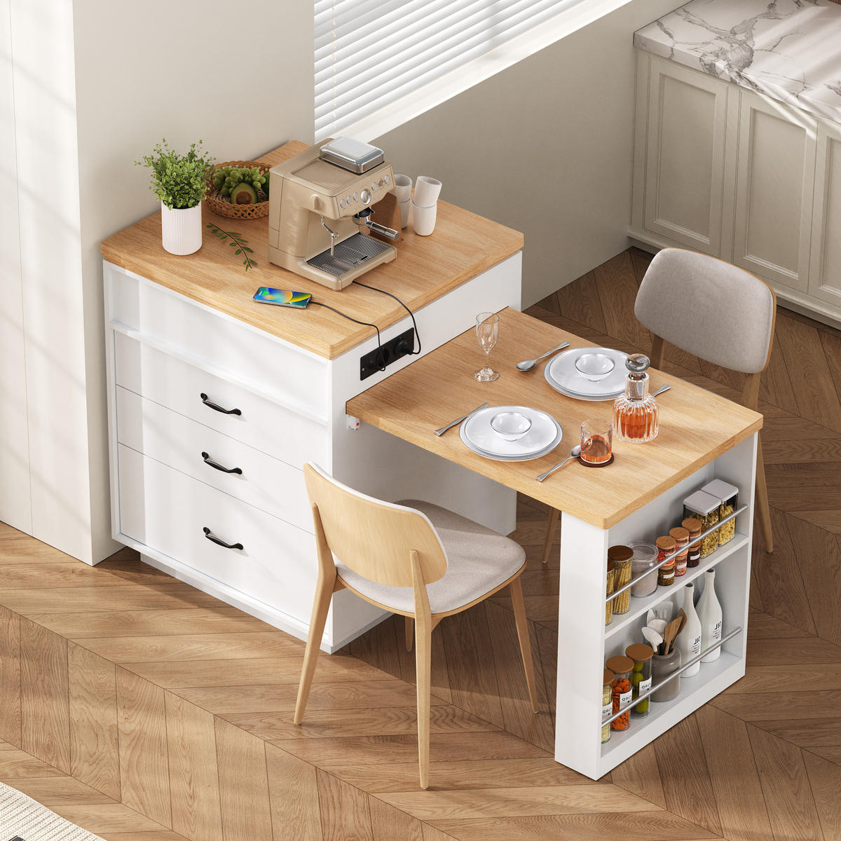 KÜCHENINSEL 125.5-187.5x71x93 cm Weiß mit LED-Beleuchtung & Ladestation - Weiß, Holzwerkstoff (187.5/93/71cm) - Modfu