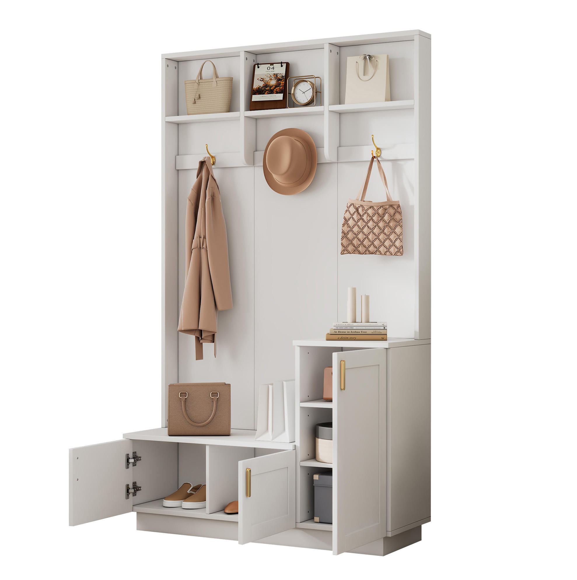 STANDGARDEROBE mit Sitzbank, 3 Haken und Schuhablage in Weiß, 120/40/200 cm - Weiß, Holzwerkstoff (120/200/40cm) - BEAOK