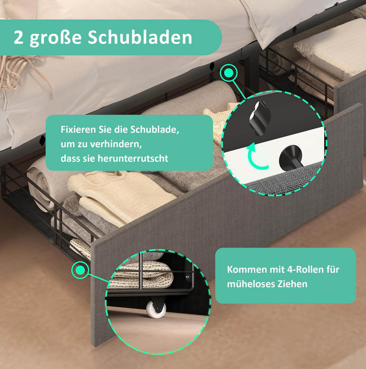 POLSTERBETT 90/200 cm mit USB-, Typ-C-Ladefunktion, LED-Beleuchtung und 2 Schubladen, Grau - Grau, Textil (90/90cm) - Redom