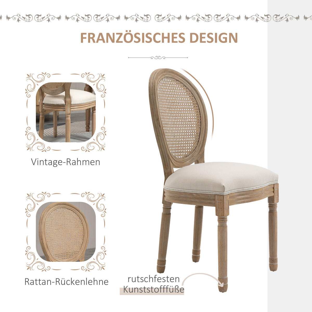 2ER Set Esszimmerstühle Küchenstuhl mit Rattan-Rückenlehne Linen-Touch - Creme/Naturfarben, Holz/Textil (56/96/49cm) - HOMCOM