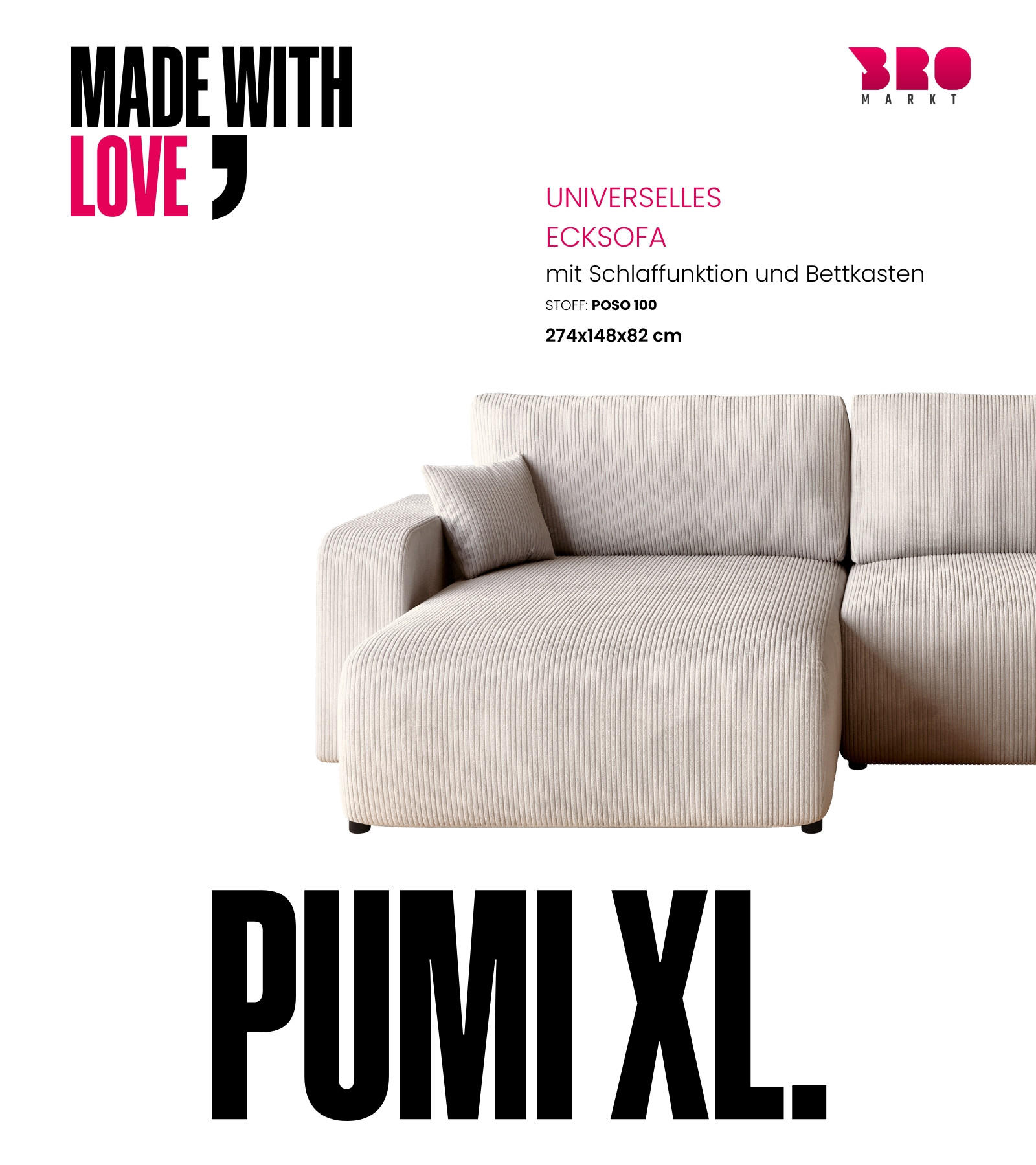 Thumbnail - Bromarkt Ecksofa, Creme, Textil, 4-Sitzer, L-Form, 274x148 cm, Wohnzimmer, Sofas & Couches, Wohnlandschaften, Ecksofas