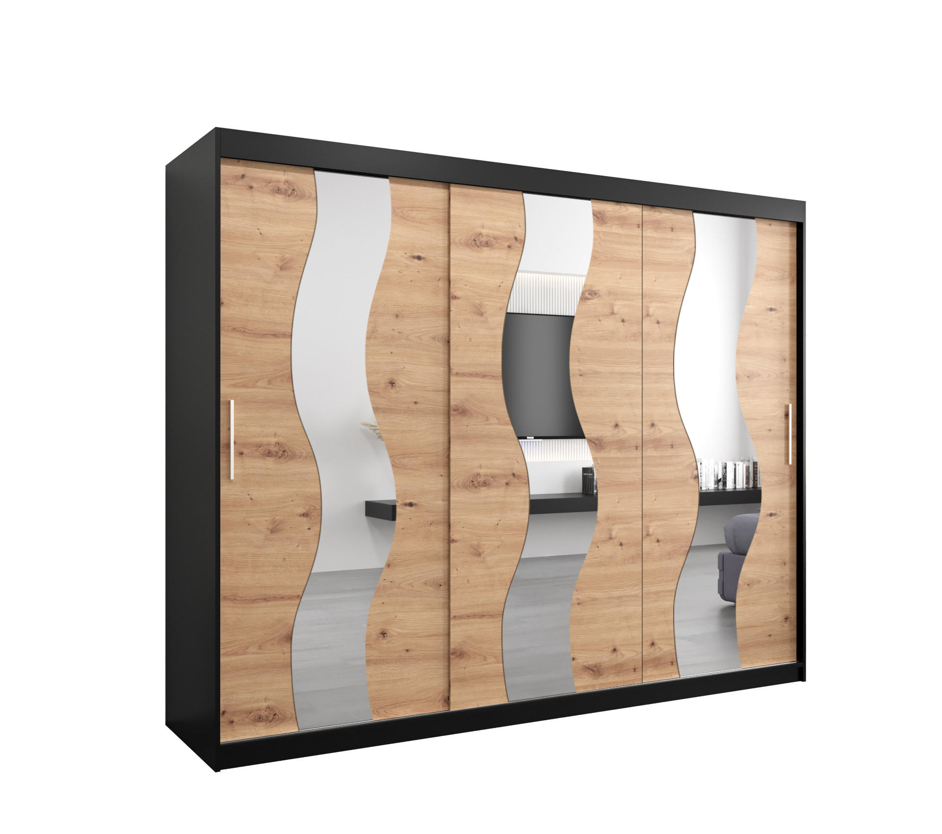 Abiks Möbel Schwebetürenschrank Schwarz, Eiche Artisan 250x200x62 cm
