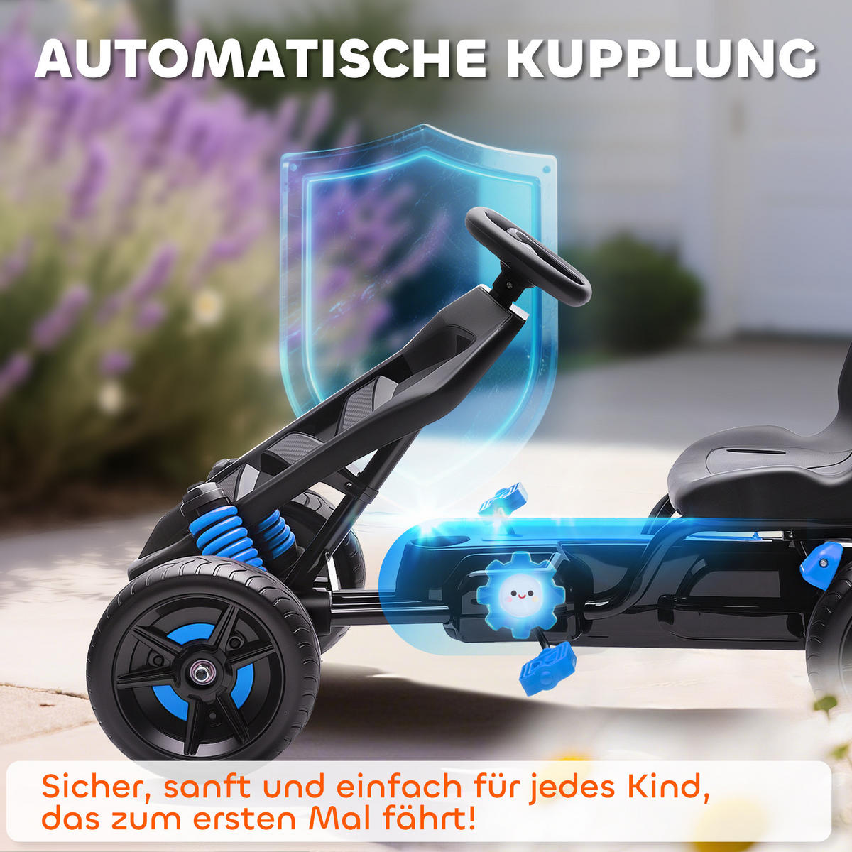 GOKART-TRETAUTO Tretauto mit Handbremse, Automatisches Kupplungssystem, EVA-Räder - Blau, Metall (100/59/60.5cm) - AIYAPLAY