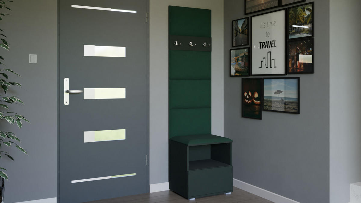 GARDEROBEN-SET Nela IV mit gepolsterten Paneelen 50/187/40 - Dunkelgrün/Silberfarben, Holzwerkstoff/Kunststoff (50/187/40cm)