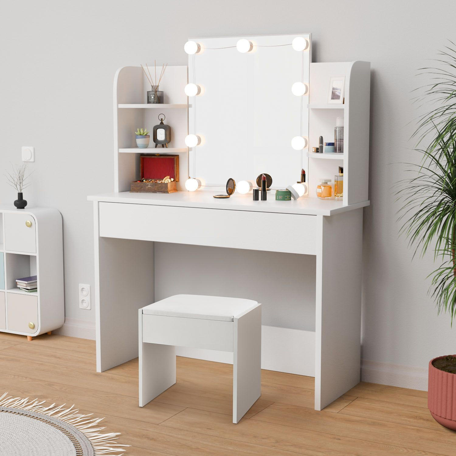 SCHMINKTISCH Bella mit mit LED und Hocker Melly - Weiß, Holz (40/140/108cm) - Juskys