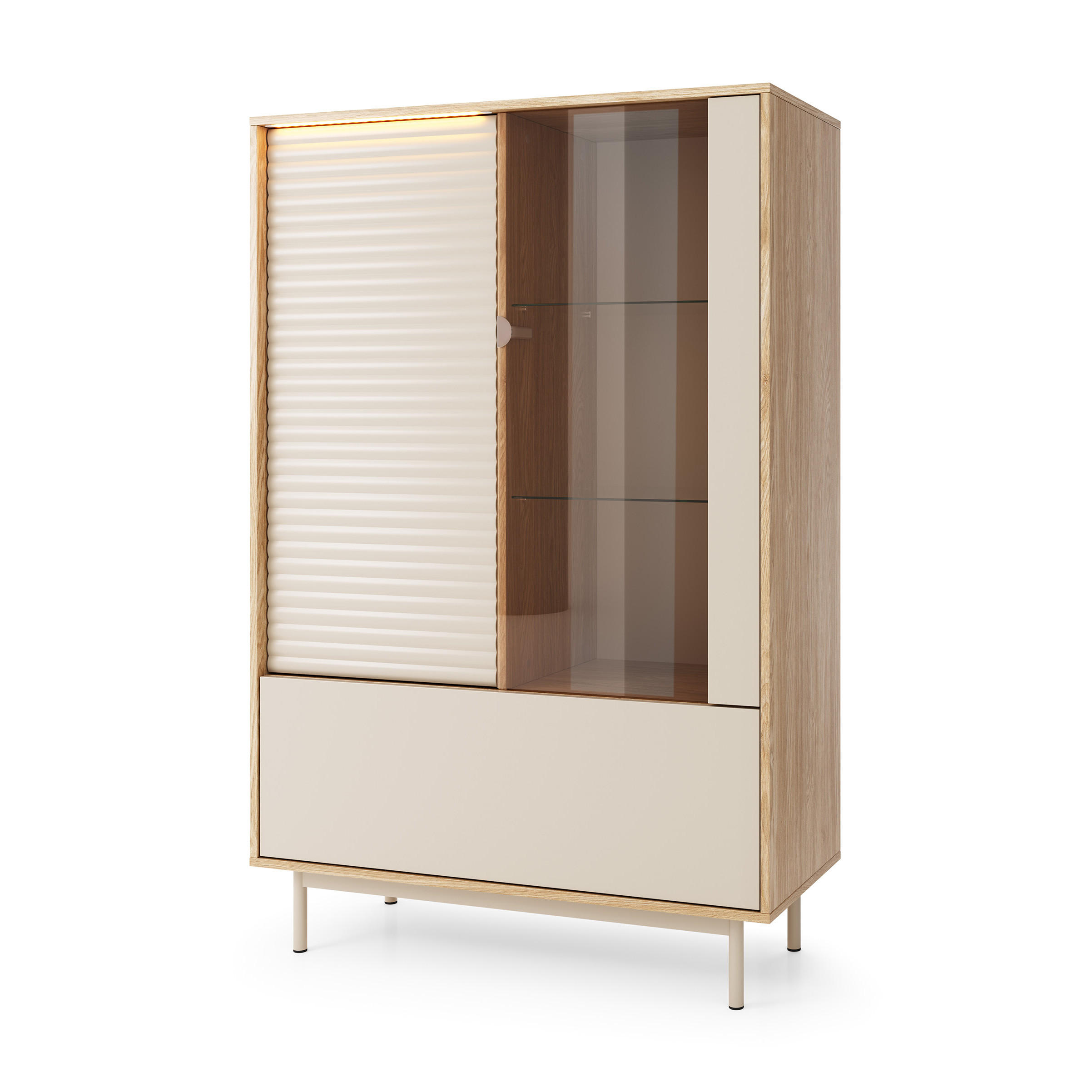 VITRINE Terra mit 3 Türen und LED-Beleuchtung, Kaschmir/geölte Eiche - Kaschmir, Holzwerkstoff/Metall (100/152/40cm) - Beautysofa