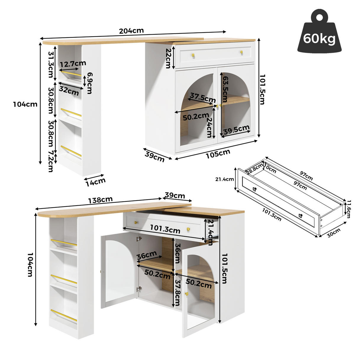 KÜCHENINSEL aus MDF 138-204x39x104 cm in Weiß mit 360° Drehfunktion - Weiß, Holzwerkstoff (204/104/39cm) - Modfu