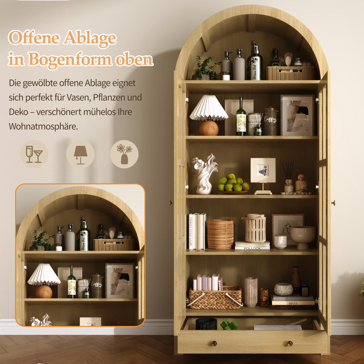 HIGHBOARD Bogen-Design Holzoptik mit Acryl-Türen & Schublade - Naturfarben, Holzwerkstoff (75/170.5/35cm) - Urban Meuble