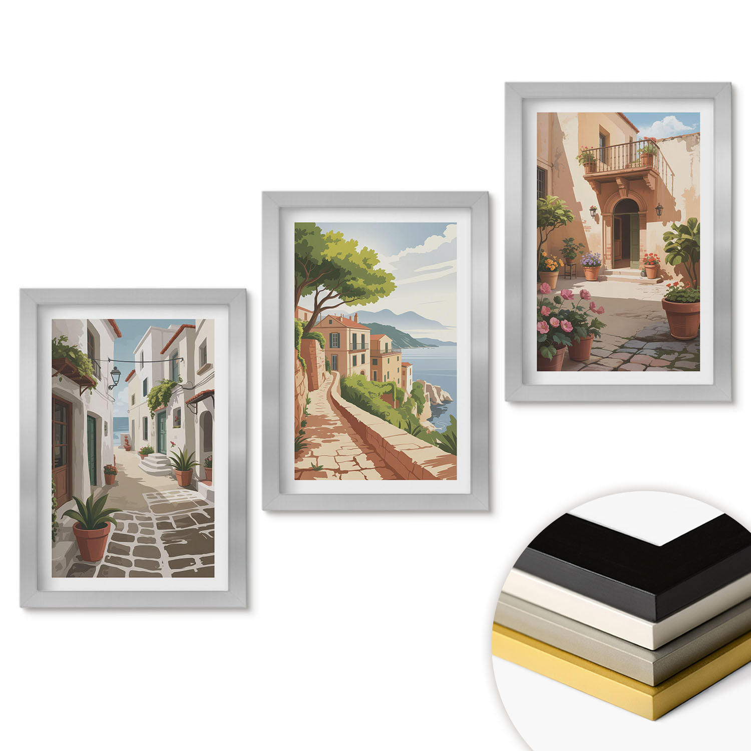 WANDBILDER 3er Set - 20x30 cm Silberner Rahmen - Straßen, Häuser, Pflanzen, Töpfe - Silberfarben, Kunststoff (20/30cm) - ArtPrintCave