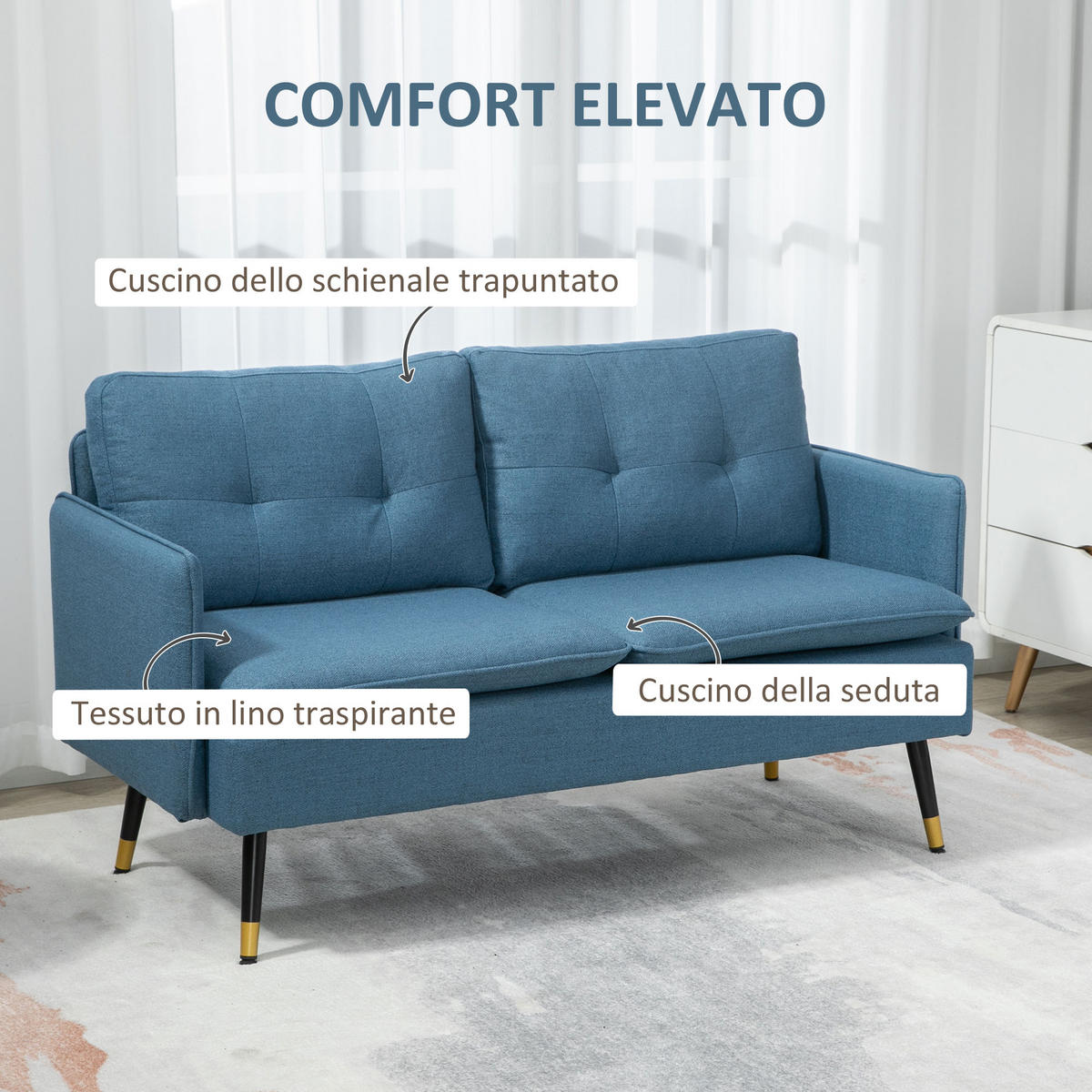 SOFA, 2-Sitzer, Stoff, Kissen, Stahlbeine, dunkelblau, 139x68x80cm - Multicolor, Holzwerkstoff (139/80/68cm) - FORIOUS