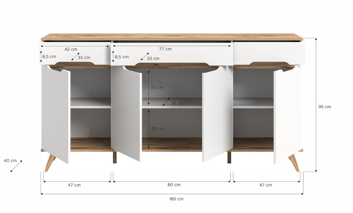 SIDEBOARD weiß, Eiche 185 cm, Kommode mit Soft-Close-Funktion - Eichefarben/Weiß, Holzwerkstoff/Metall (185/95/40cm) - Inn.Furn
