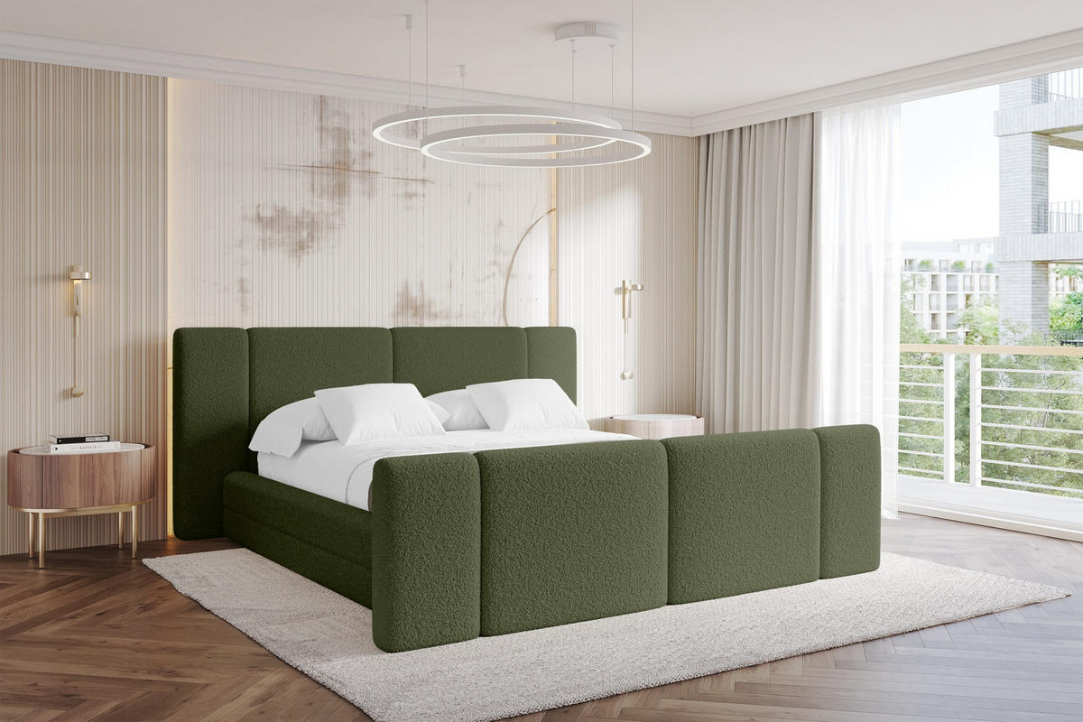 POLSTERBETT mit Bettkasten, Fußteil und Lattenrost, Bett mit Matratze H3/H4 - TEVO-Z 160x200 Grün - Olivgrün, Holzwerkstoff/Textil (160/200cm) - ALTDECOR
