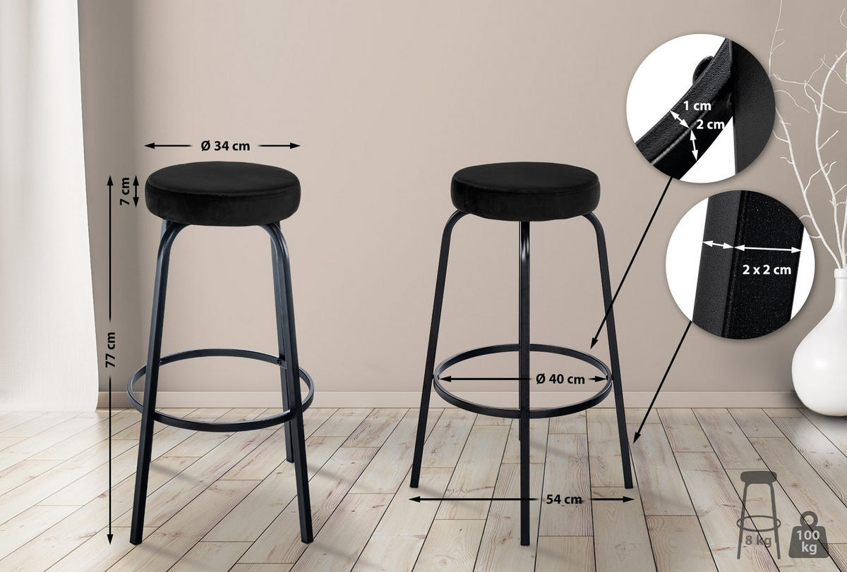 BARHOCKER KOELN Schwarz Samt - Schwarz, Metall (41/78/41cm) - DELUKE