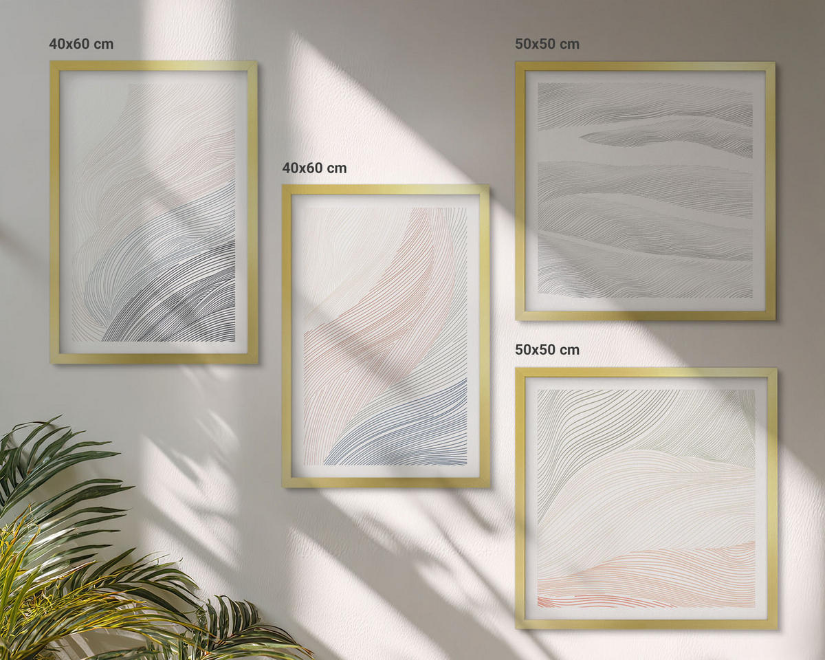 BILDER SET 4er Set - 50x50 cm & 40x60 cm Goldrahmen - Abstrakte Pastellwellen - Goldfarben, Kunststoff (50/50cm) - TULUP