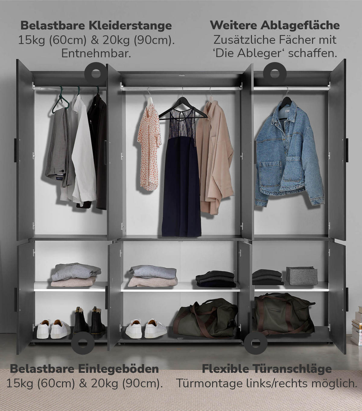 KLEIDERSCHRANK Der Grenzenlose - Anthrazit, Holzwerkstoff (210/187/58cm) - Mokebo