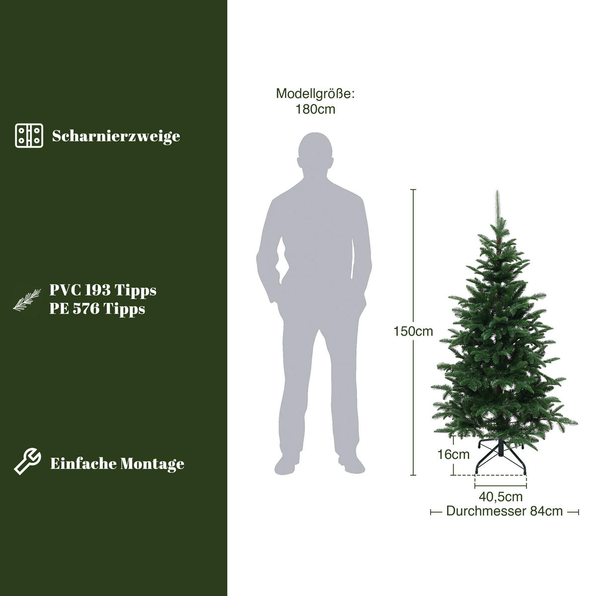 KÜNSTLICHER Weihnachtsbaum 150 cm mit 769 PE-/PVC-Spitzen, Tannen-Optik - Grün, Kunststoff (150cm) - Hometopia