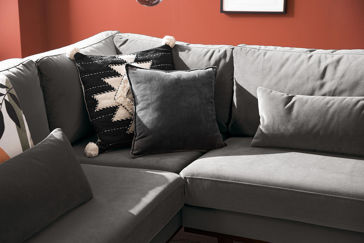 ECKSOFA mit Ottomane - Dunkelgrau/Buchefarben, Buchenholz/Textil (287/219cm) - home24