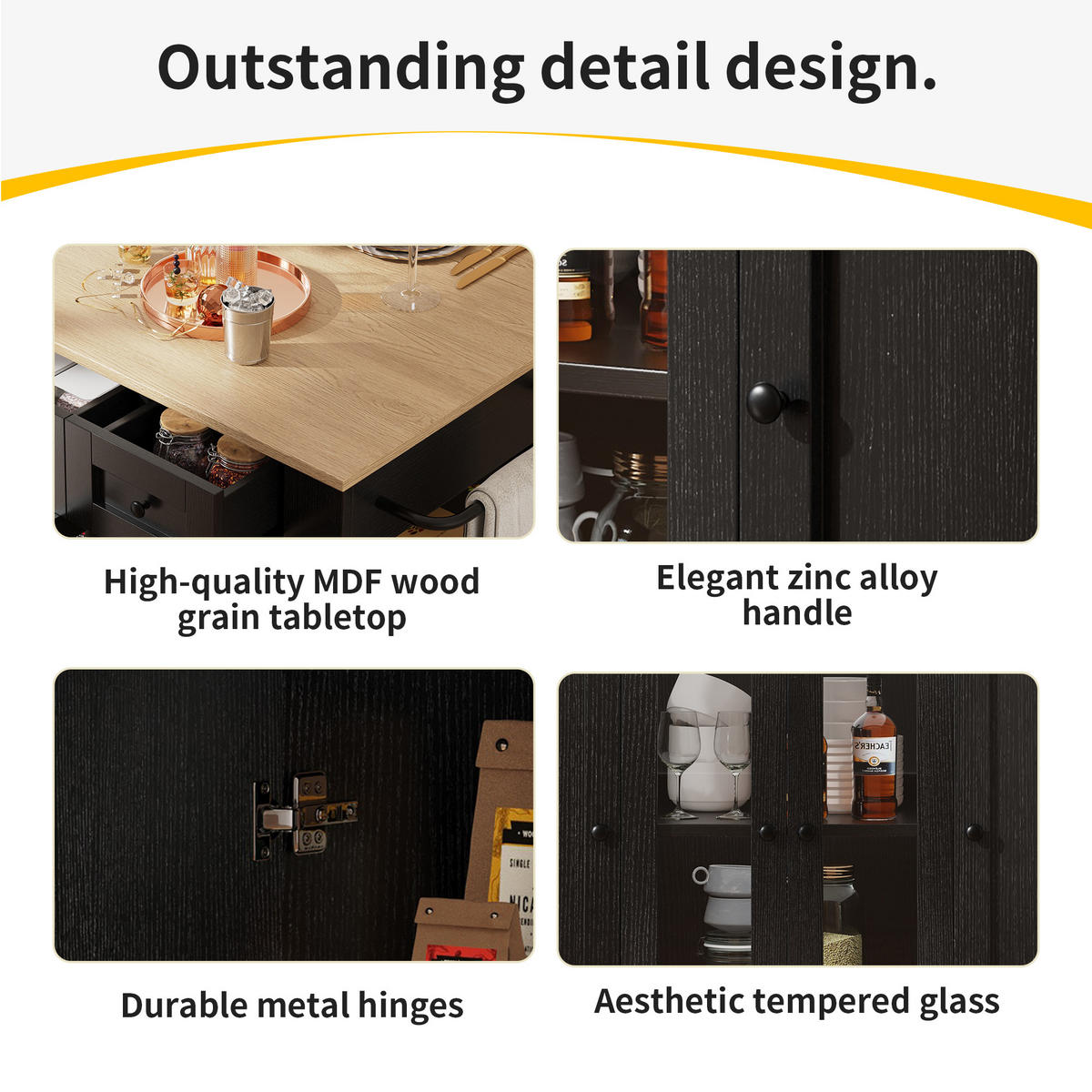 KÜCHENINSEL 151,5/60/91,7 cm Schwarz/Natur Metall und Glas mit klappbarer Tischplatte - Schwarz, Holzwerkstoff (151.5/91.7/85cm) - OKWISH