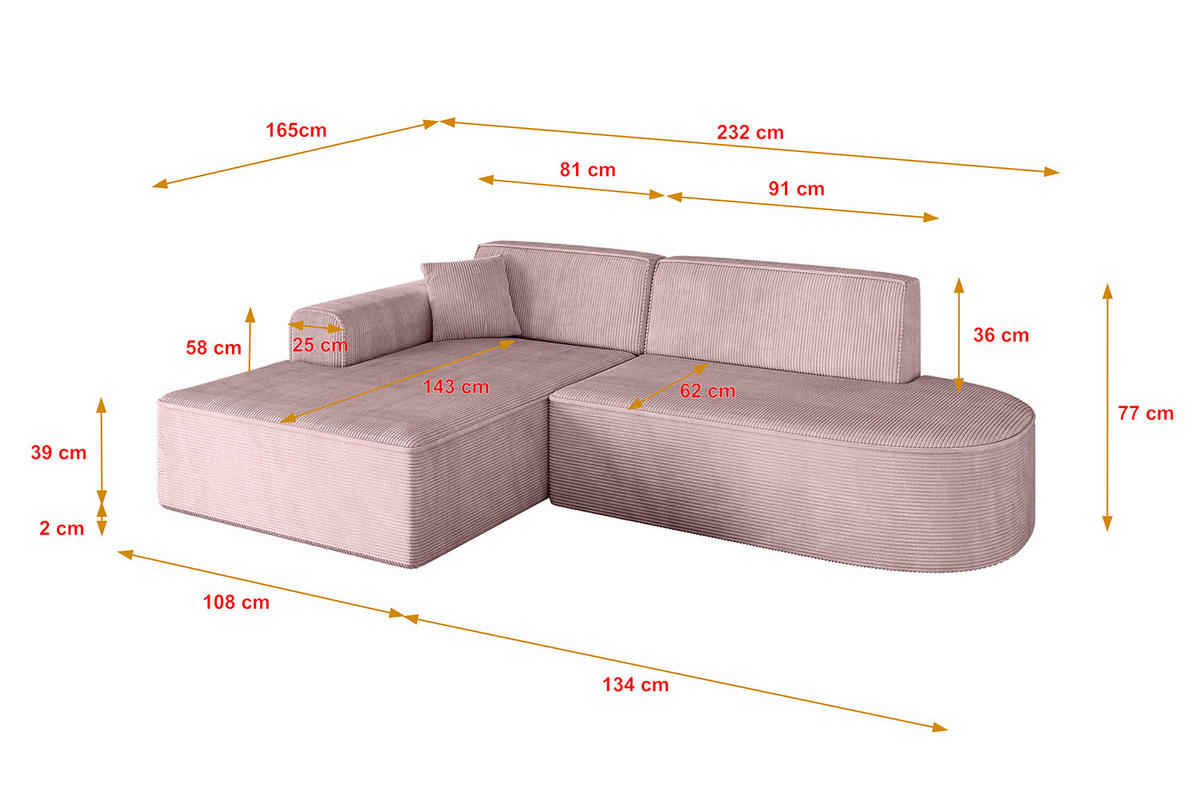 ECKSOFA Ottomane Links IREA-L1-v3 - 232x165x77 cm Rosa - Rosa, Holzwerkstoff/Textil (232/165cm) - ALTDECOR