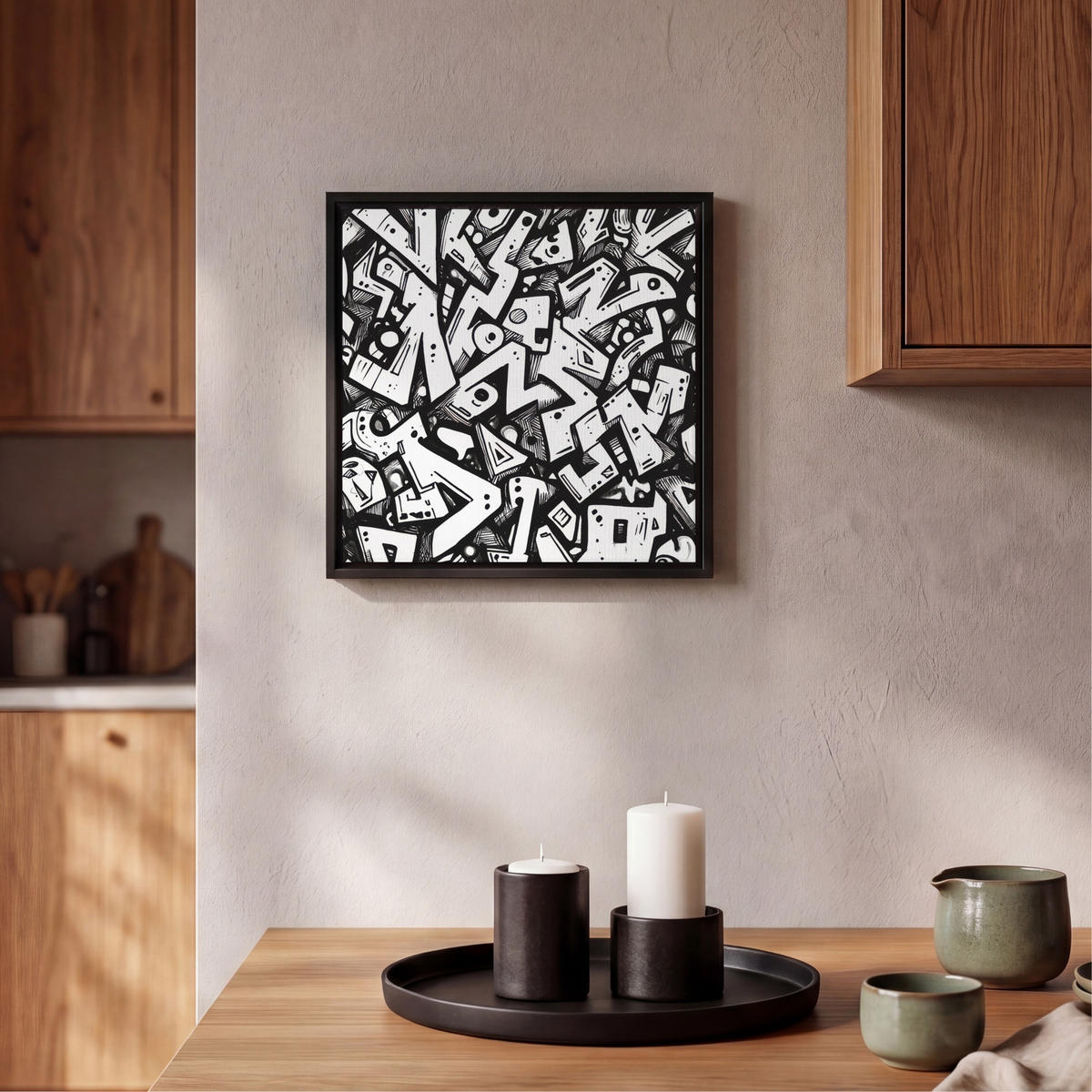 LEINWAND Bilder mit Rahmen - Formen - Buchstaben - Graffiti - Schwarz - 20x20 - Schwarz, Textil (20/20cm) - MuchoWow