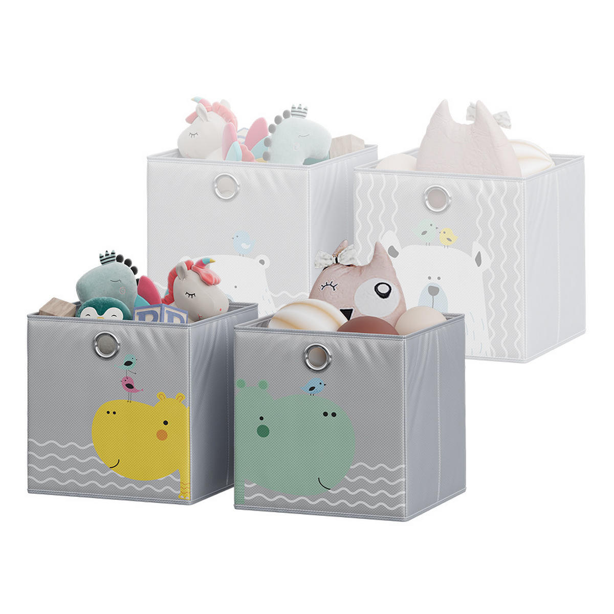 FALTBOX Grau (Bär & Nilpferd) 30 x 30 cm (Motiv Bär & Nilpferd) - Gelb/Grau, Wellpappe (30/30cm) - Vicco